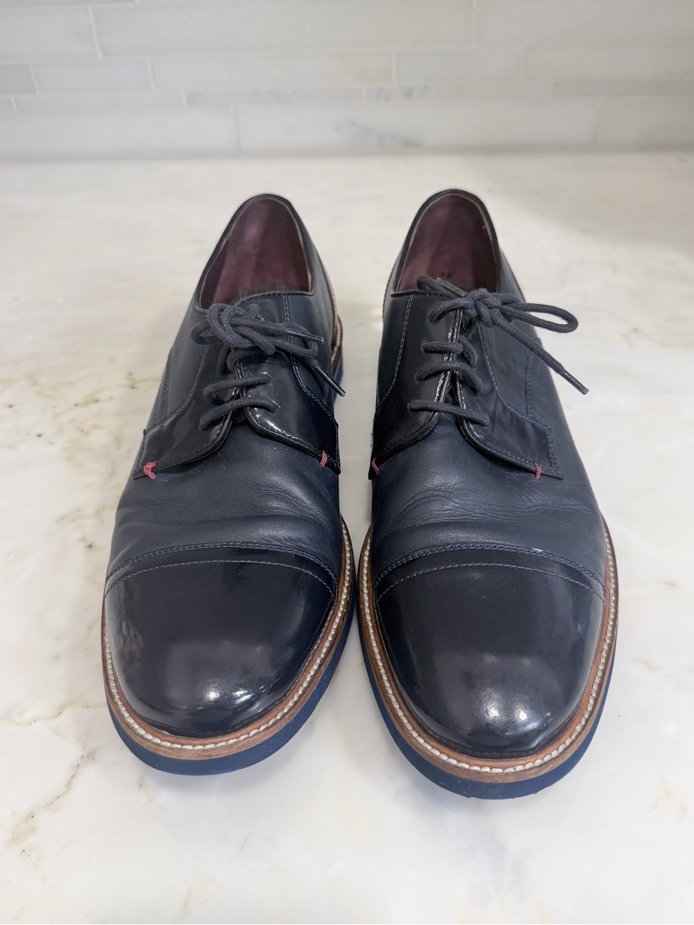 Ted Baker London Navy Leather Cap-Toe Derbys with Brown Welt